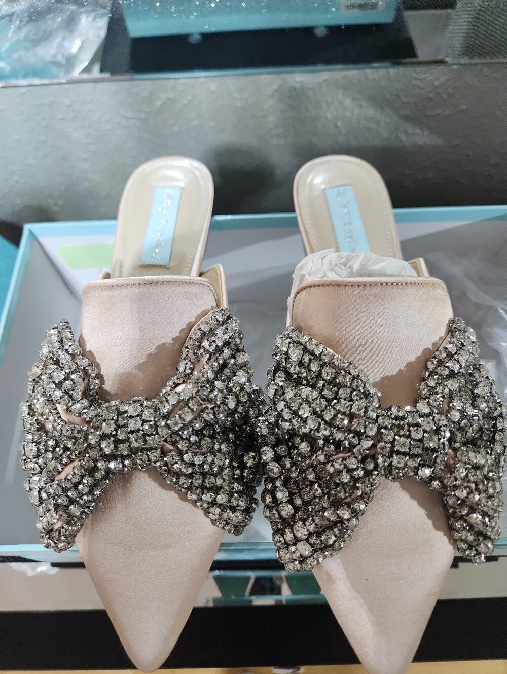 Betsey Johnson Blush Pink Satin Pointed Mules with Crystal Bow